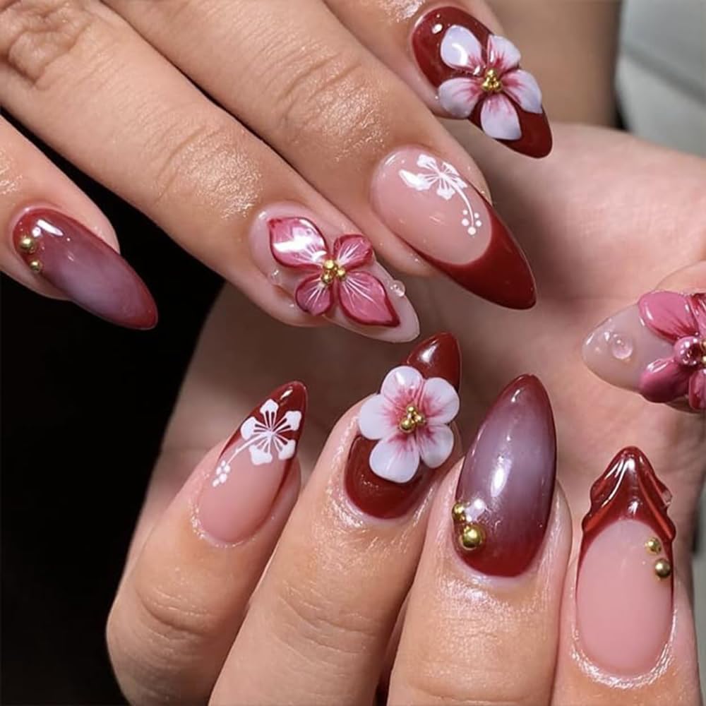 French Press on Nails Medium Almond Fake Nails 3D Flower Nail Press ons with Gold Pearl Gradient Designs Spring Summer False Nails Red Full Cover Glue on Nail for Women Manicure