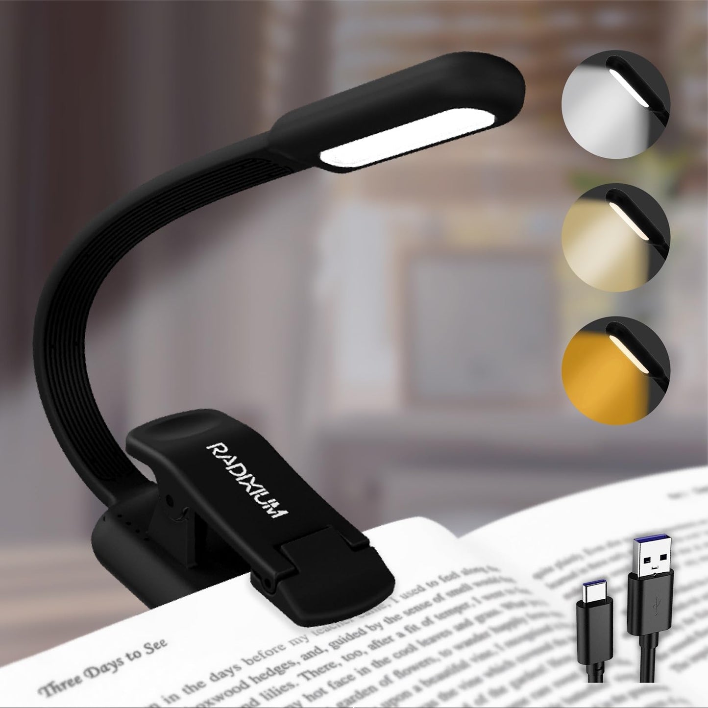 RADIXIUM Rechargeable Book Light for Reading - 9LED Eye-Caring Clip Light w/ 9 Color Temp, Stepless Dimming, 50H Battery, USB-C, Ultra Slim - Gift for Book Lovers (Black)