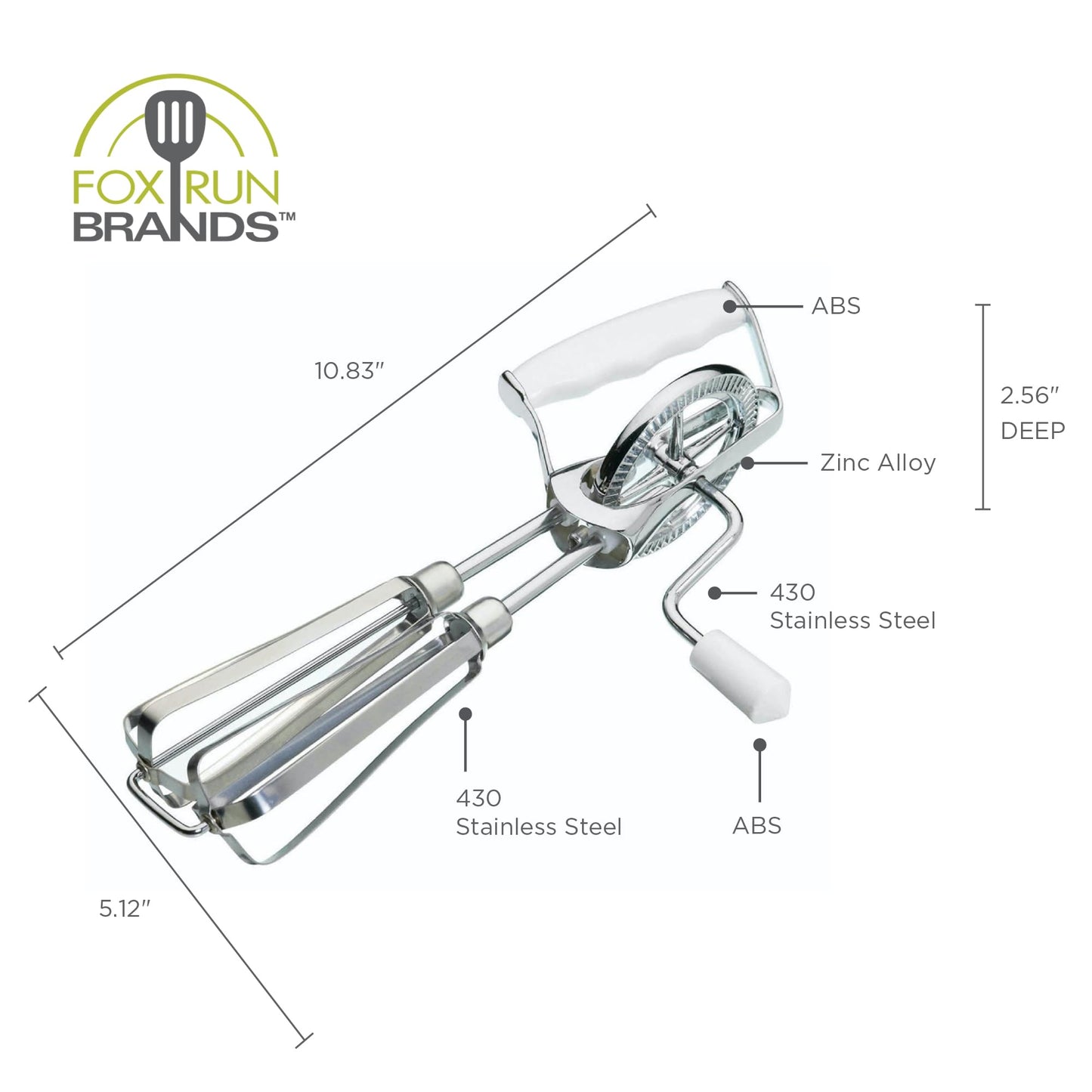 Fox Run Stainless Steel Manual Hand Mixer, White Retro Style Egg Beater, 10" x 5"
