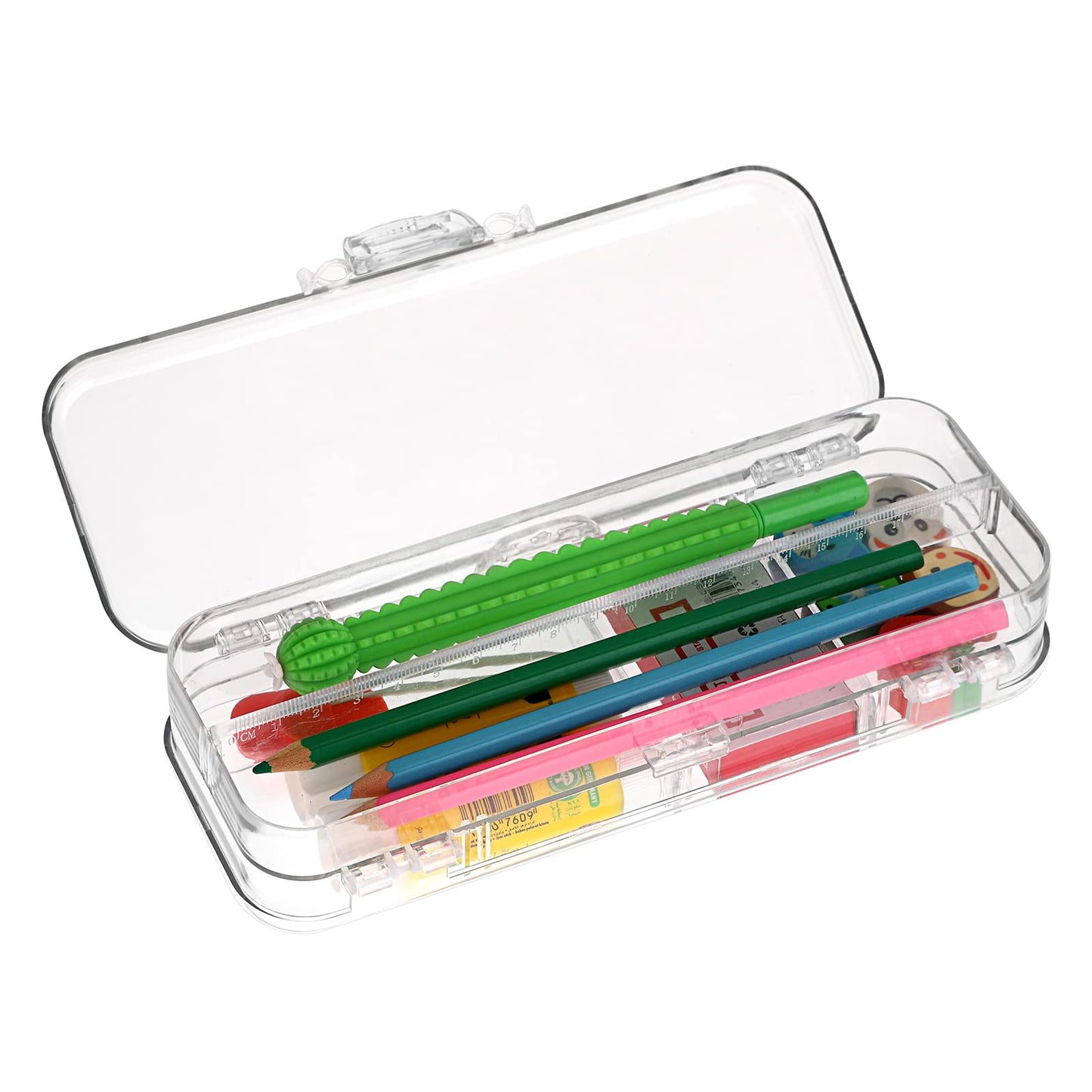 BTSKY Double Deck Pencils Box Clear Plastic Stationery Box with 4 Removable Ruler Dividing Spacers Multi-grid Home Utility Boxes with 6 Compartments for Pencils Erasers Clips (Clear)