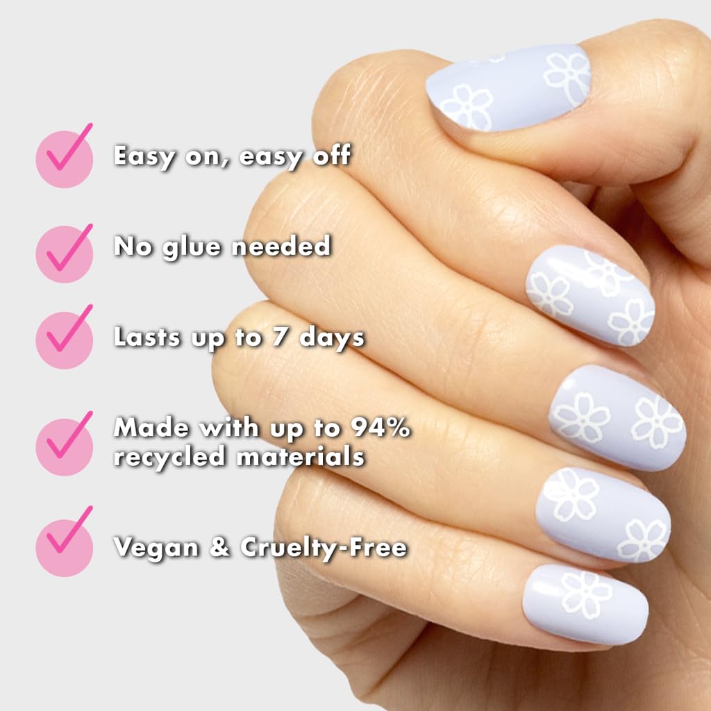 Olive & June Classic Super Stick Mani Press On Nails | No Glue Needed | 32 Tab Nails 16 Sizes | Non-Toxic Tabs Non-Damaging 7-Day Wear | Spring Flowers & Patterns | Short, Round | Floral Doodle