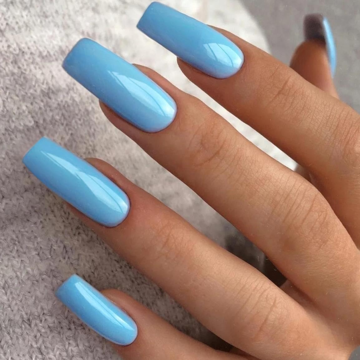 Baby Blue Press On Nails Medium Long Square, Xcreando Medium Coffin Nails Acrylic Press ons Glue on Nails Long Length, Solid Color Fake Nail for Women, Natural Thick Artificial Nail Stick on
