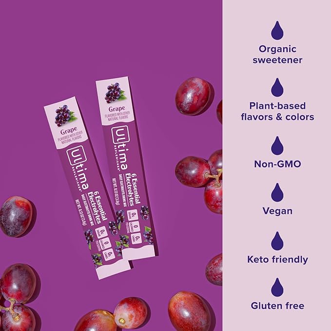 Ultima Replenisher Daily Electrolyte Powder Drink Mix – Sugar Free – Grape, 20 Stickpacks – Hydration Packets with 6 Key Electrolytes and Trace Minerals – Keto Friendly, Vegan, Non-GMO