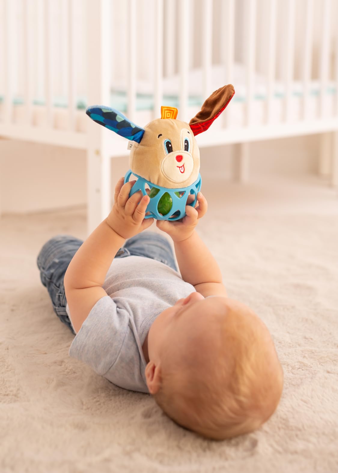 Balibazoo Puppy Paul Rattle Ball Baby Toy – Soft Plush Sensory Toy with Crinkle Ears, Perforated SiliconeTeether Ball & Rattle | Easy-Grip Design | Developmental Toy for Babies 0-24M | Gift