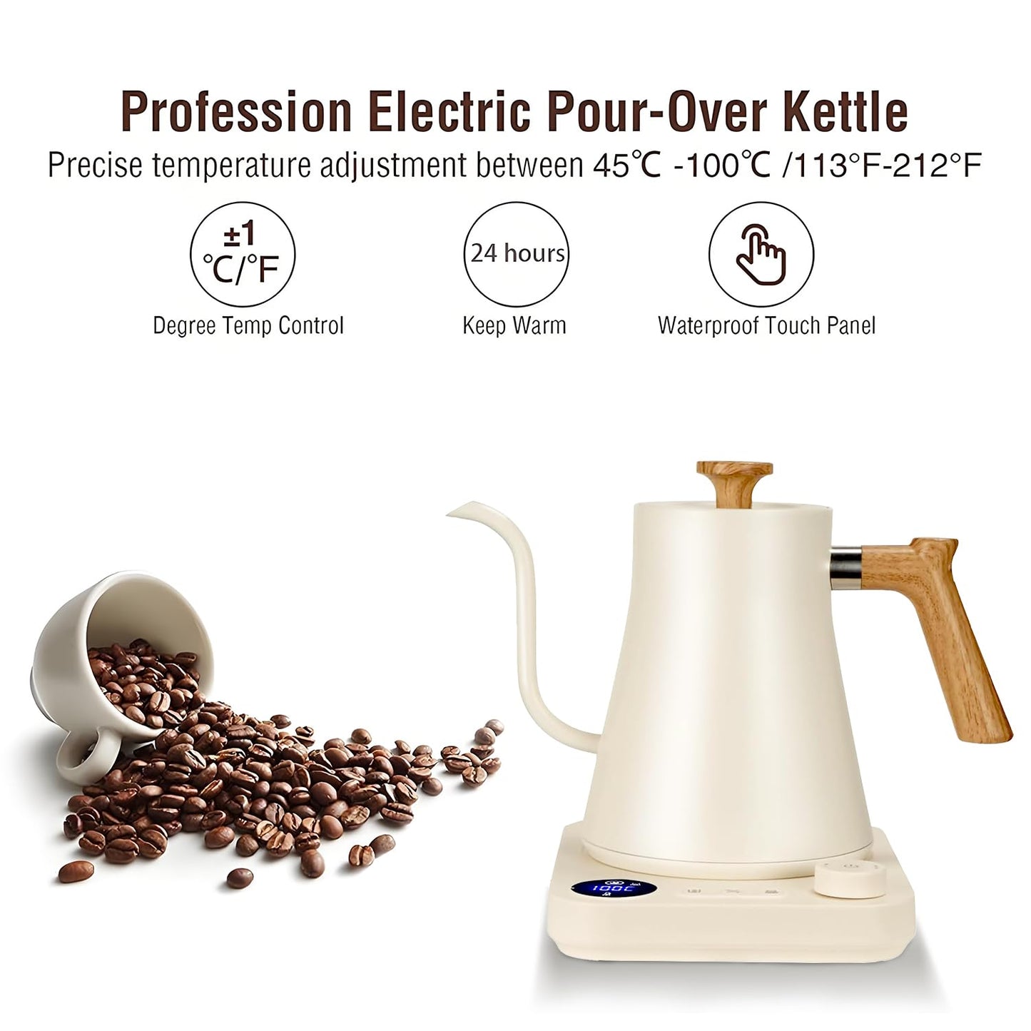 Electric Kettles, Gooseneck Electric Kettle, ±1℉ Temperature Control, Stainless Steel Inner, Quick Heating, for Pour Over Coffee, Brew Tea, Boil Hot Water, 0.9L (White)