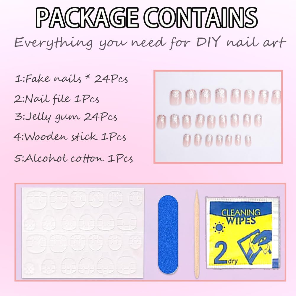 Hrnsnails Nails Press ons,Glitter Ombre Short Square Press on Nails Fake Nails Acrylic Artificial Nails Sparkly Sequins Stick on Nails for Women 24Pcs