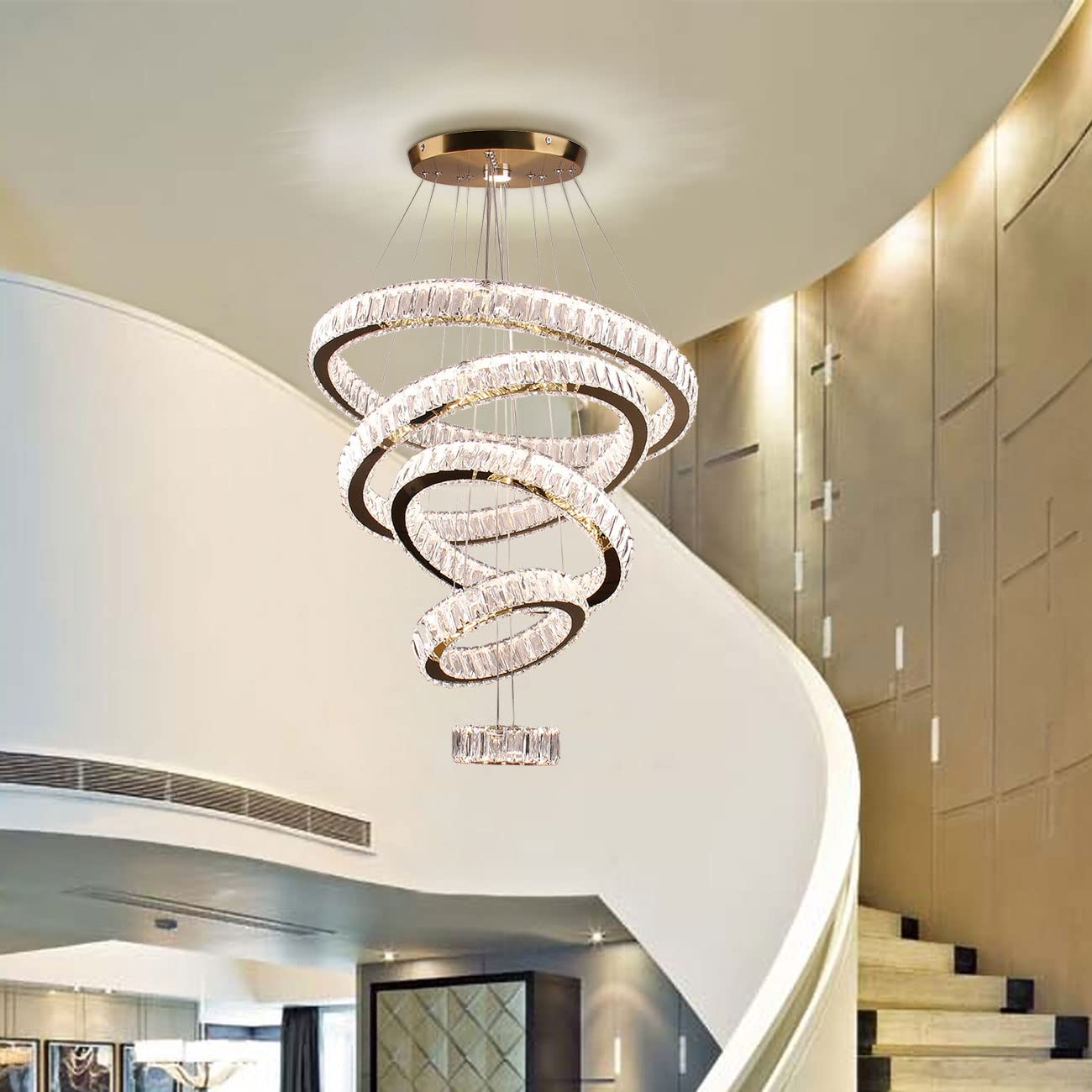 Dixun LED Big Crystal Chandeliers Modern 5 Rings Pendant Light Adjustable Ceiling Light for Bedroom Dinning Room Kitchen (Multicolor,Control by Switch)