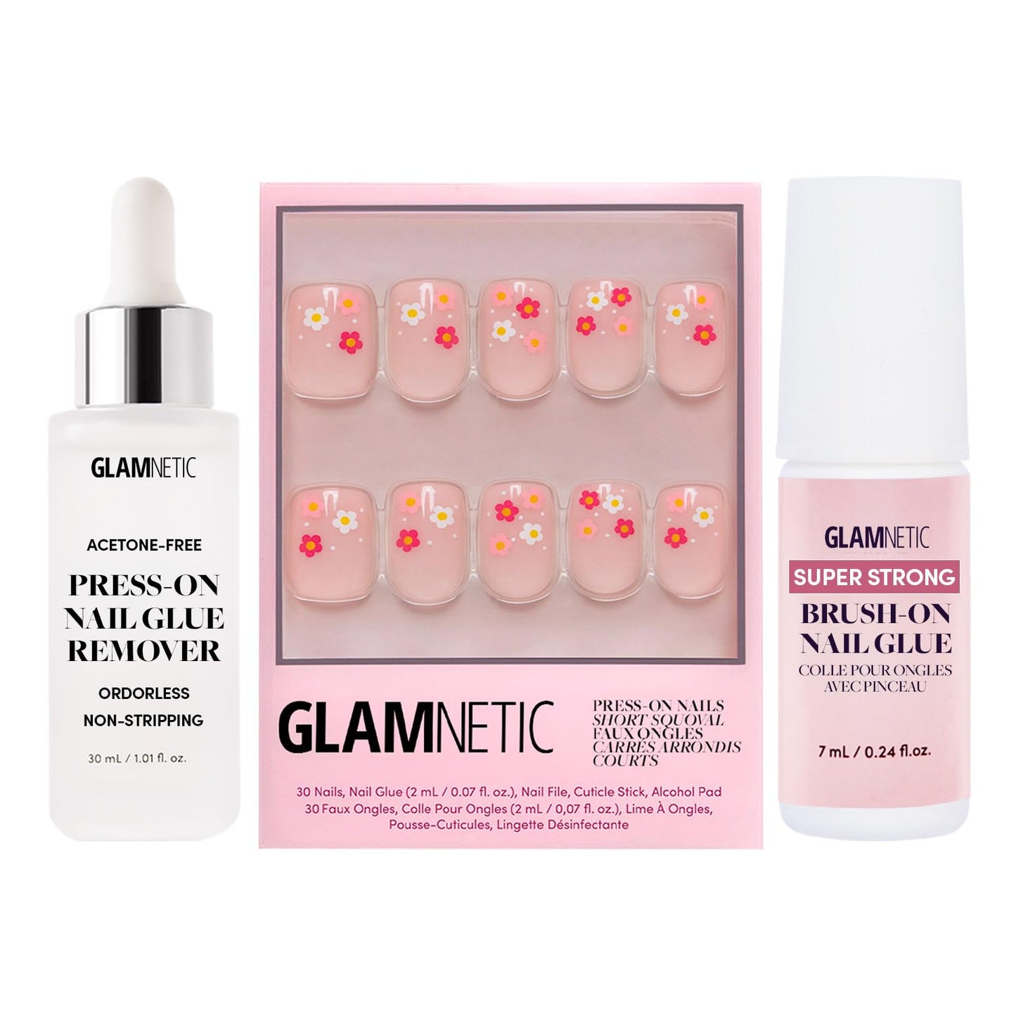 Glamnetic Press-On Nails - Pretty Bloom | Short Squoval Fake Nails with Flower Accents | 15 Sizes - 30 Nail Kit with Glue and Remover