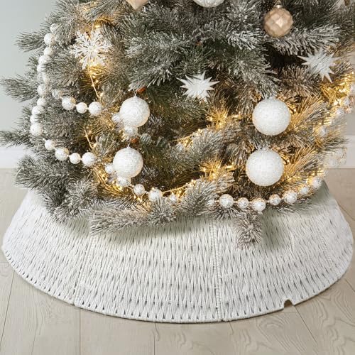 Preboun 40" Boho Farmhouse White Woven Christmas Tree Skirt - Rustic Base Cover for Christmas Tree Decoration