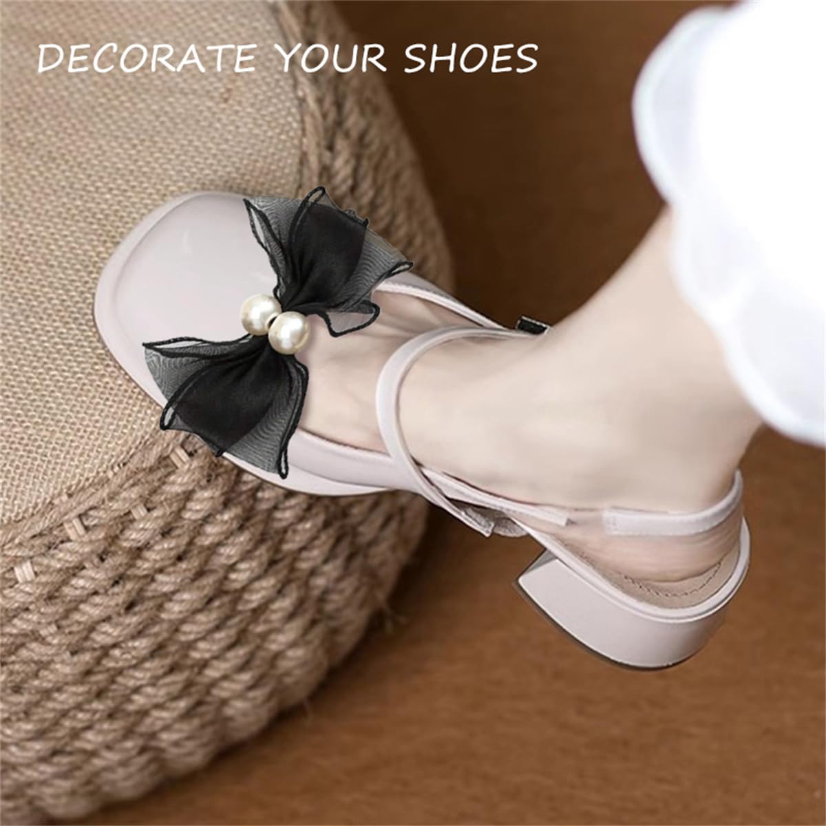 Tulle Bow Shoe Clips Elegant Pearl Shoe Embellishment Detachable Women Shoe Decoration Charms for Pumps Accessories 2 Pcs Black