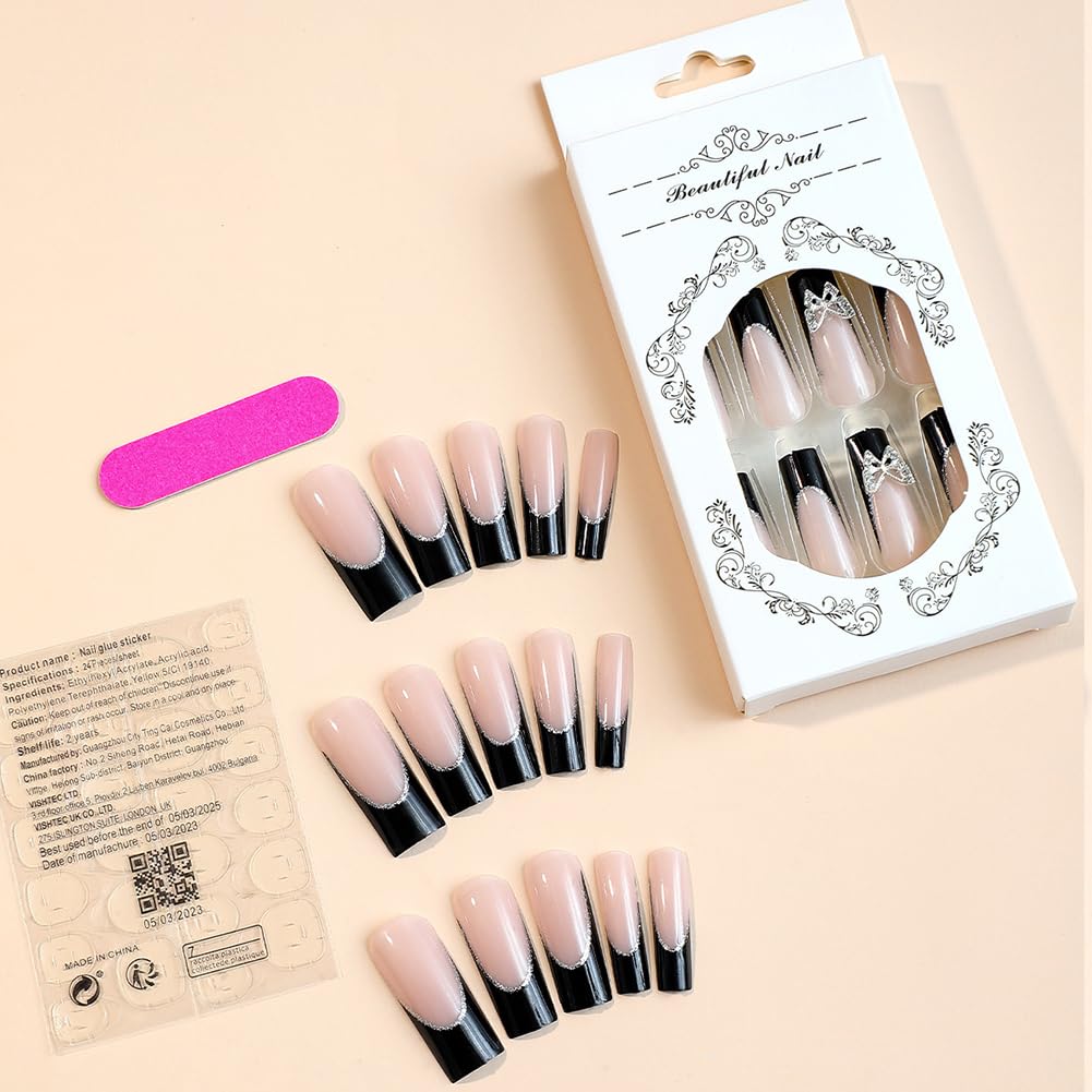 RUPOFUZA Extra Long Press on Fake Nails Black French Tip 24Pcs Square with Butterfly Nail Charms Designs Acrylic Press ons Artificial Stick on False Nails for Women