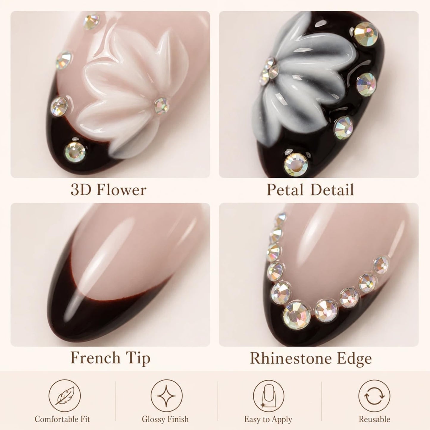 Tesytto Handmade Press on Nails Almond Shape Glossy Reusable False Nails for Nail Art (Burgundy Bloom Gem, M)