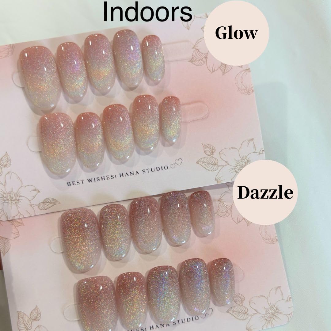 HANAKOKO Handmade 3D Press on Nails, Short Medium Oval Almond Nails, Fake Nails Glitter Cat Eye Nails, Gel Nails, Durable Reusable False Nails, 10 Pcs (Dream Dazzle, M)