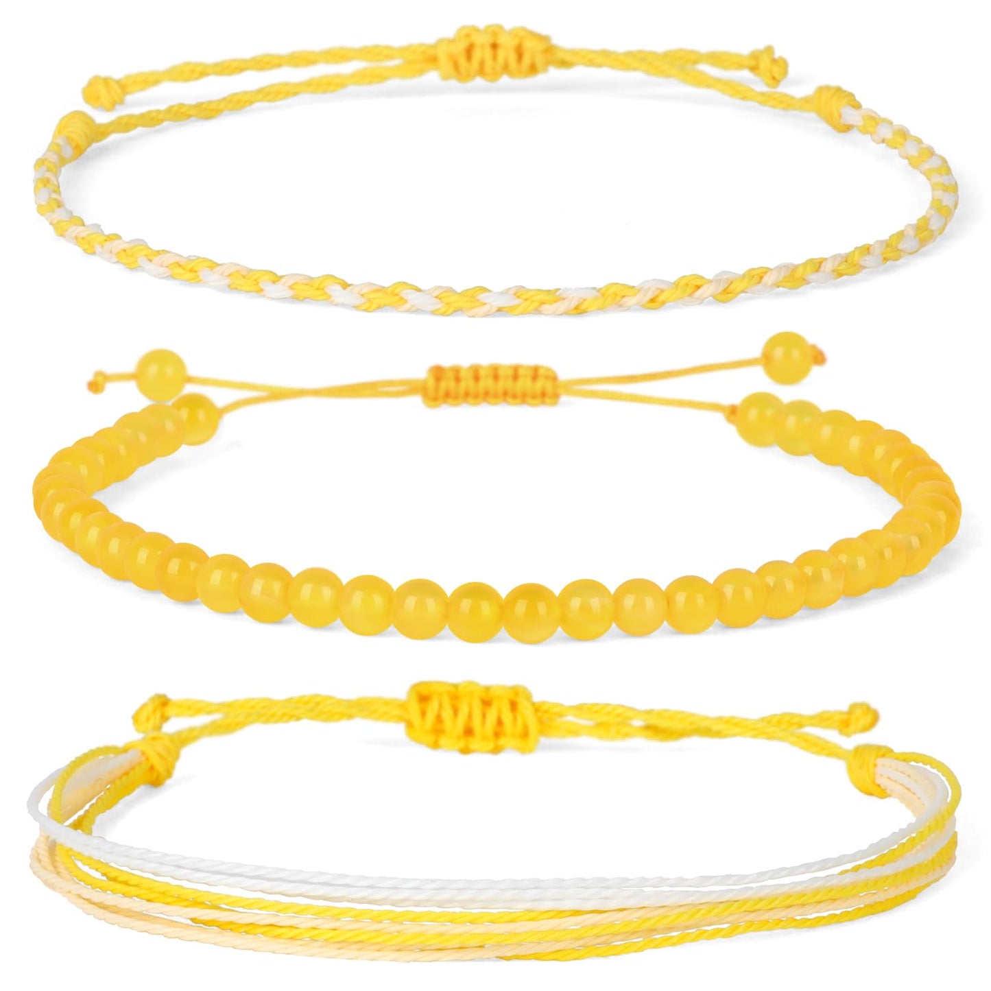 QOGIR Handmade Healing Bracelets,4mm Natural Yellow Agate Gem Stone Beads Bracelet for Men Women Gifts with 2PCS Size Adjustable Rope Bracelets