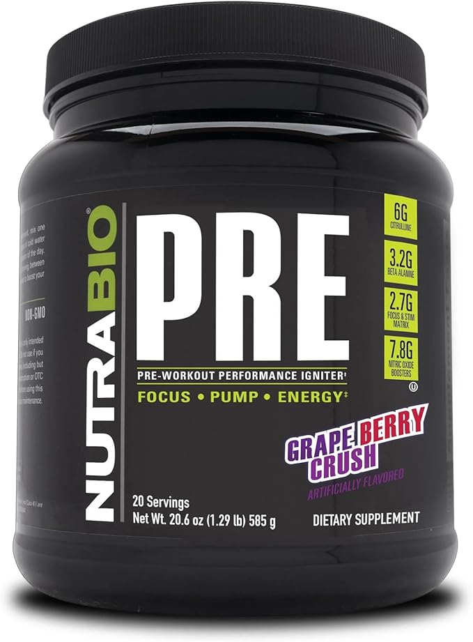 NutraBio PRE Workout Powder - Old Formula- Sustained Energy, Mental Focus, Endurance - Clinically Dosed Formula - Beta Alanine, Creatine, Caffeine, Electrolytes - 20 Servings - Grape Berry Crush