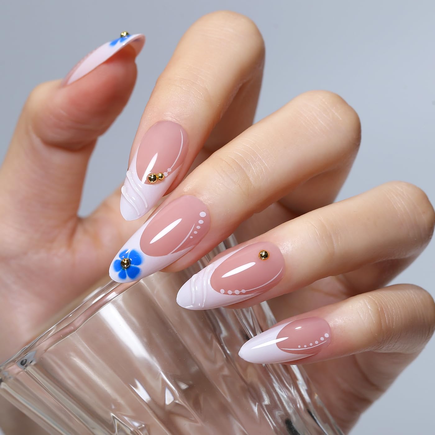Goolich White French Tip Press On Nails Medium Almond, Sheer Pink with Bead Nails Press ons Set with Adhesive Tabs, 24 Pcs 12 Size Reusable Full Cover Glue on Nails for Women