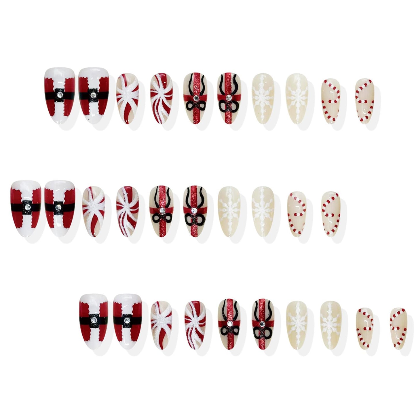 30Pcs Christmas Press on Nails Almond Fake Nails with Santa Claus Gift Designs Snowflake Candy Cane False Nails Red White Stripes Artificial Glue on Nail Holiday Stick on Nail for Women