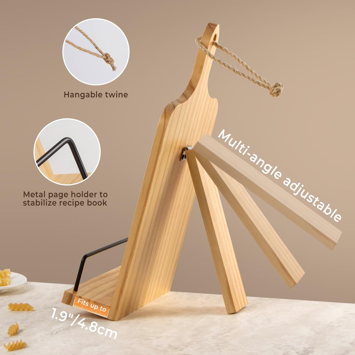 PUERSI Cook Book Stand for Kitchen Counter, Wooden Recipe Book Holder with Measurement Conversion Chart, Adjustable Cookbook Stand, Kitchen Gifts for Cooking Lovers