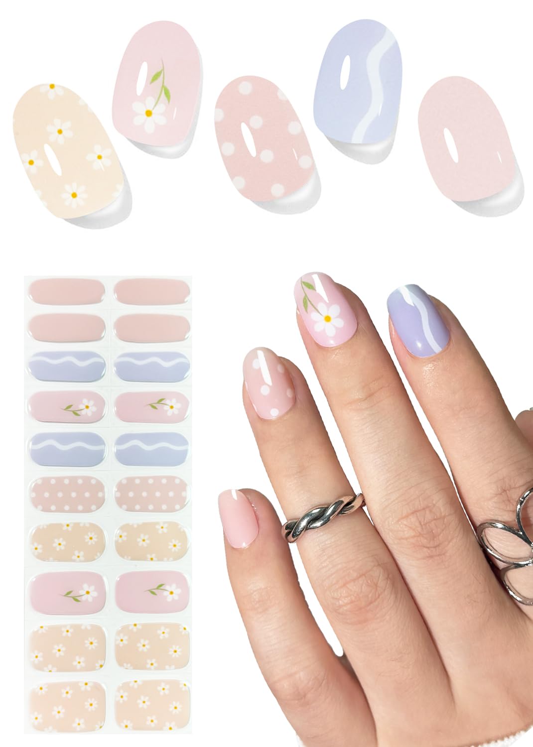 Spring Semi Cured Gel Nail Strips, Flower 20pcs Adhesive UV Sticker, Wraps for Home Manicure DIY