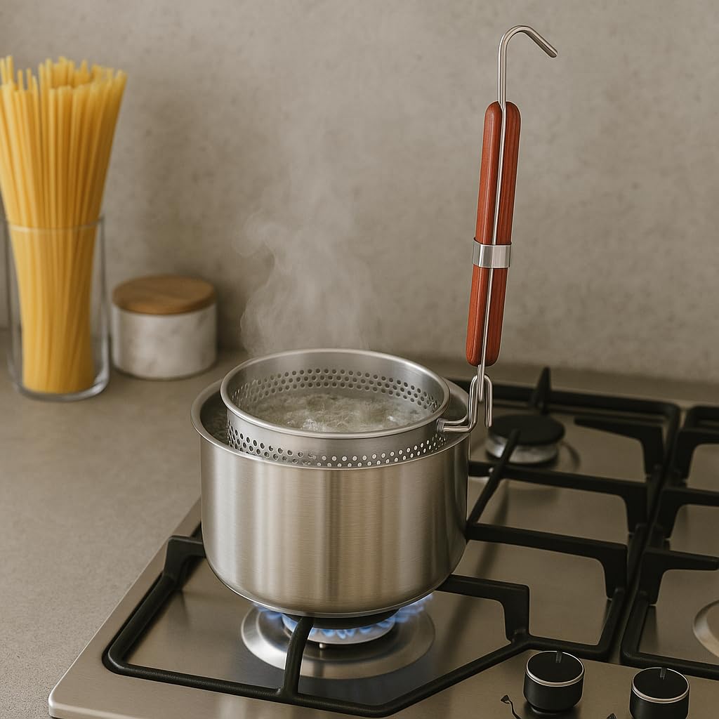 Mesh Pasta Basket Food Strainer Insert For Pot, Colander with Round Wooden Handle Stainless Steel Mesh Spider Strainer for Pasta Noodles Dumpling Vegetable (7 Inches)