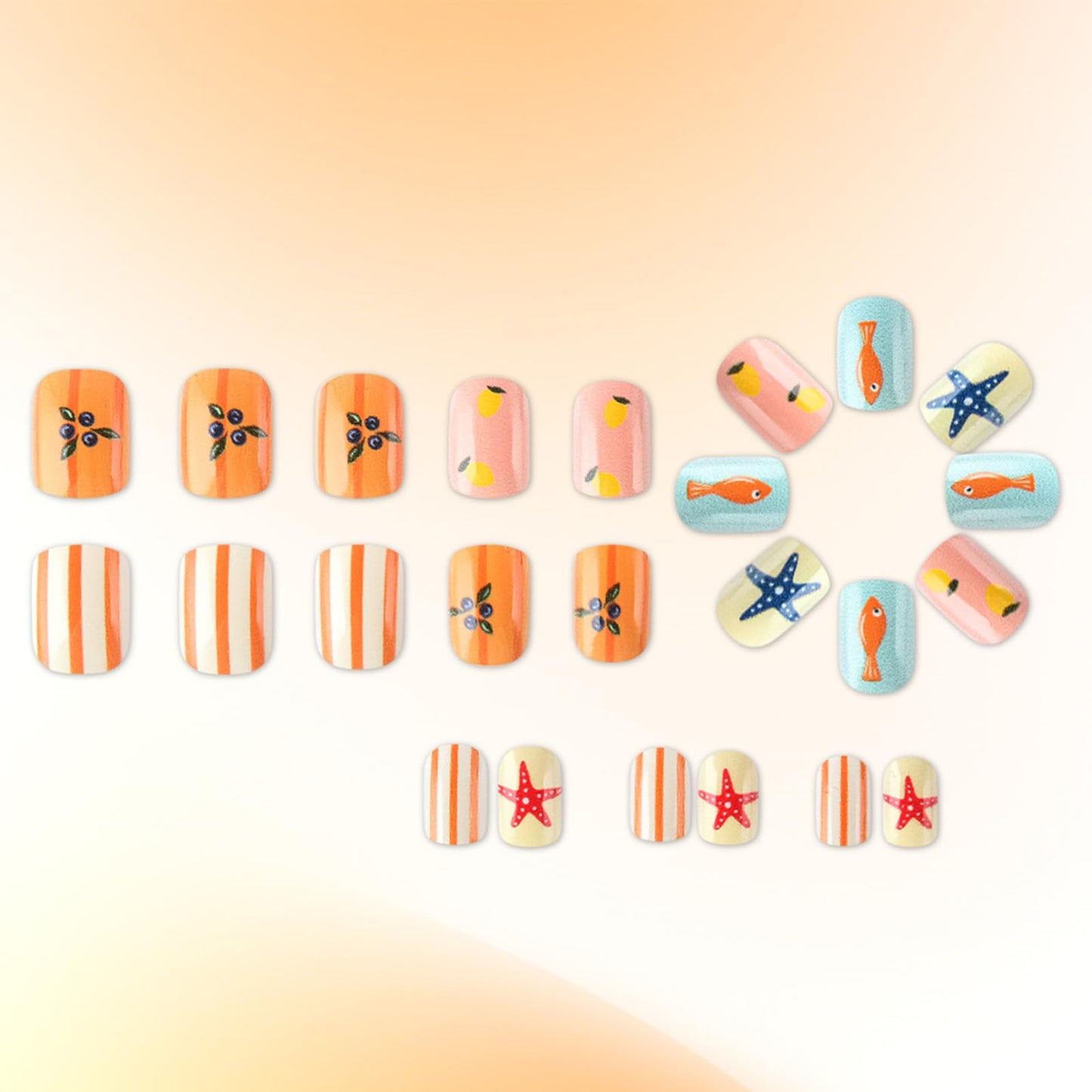 Short Square Press on Nails Summer Colorful Fake Nails with Starfish Blueberry Lemon Stripes Design Cute Cartoon False Nails Glossy Stick on Nail Artificial Glue on Nails for Women 24Pcs
