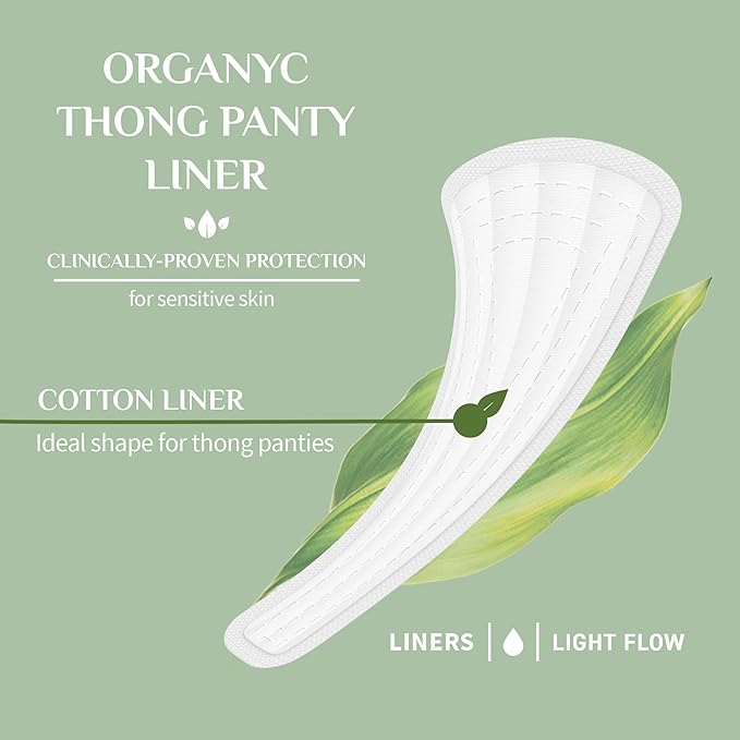 Organyc 100% Certified Organic Cotton Inside and Out Tanga Thong Panty Liners, Ultra Thin Liners for Women, Light Flow, 24 Count