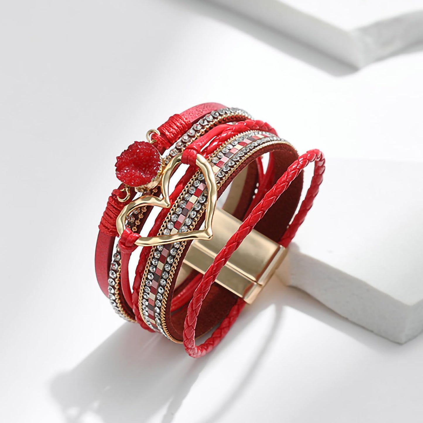 Leopard Bracelet for Women, Boho Leather Wrap Multi-Layer Pearl Crystal Bracelet Bangle Jewelry (Heart Leather(Red))