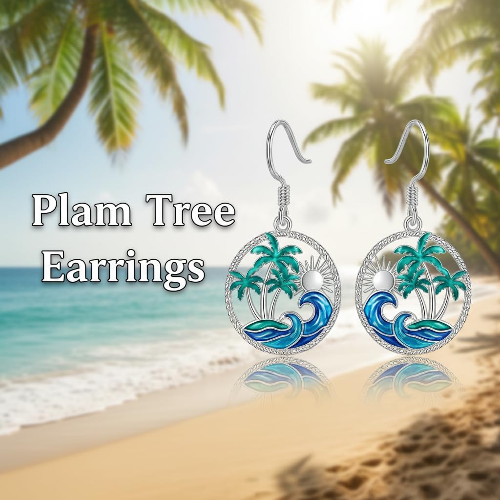 PROESS Palm Tree Earrings 925 Sterling Silver Ocean Wave Earrings Beach Jewelry Gift For Women Mother's Day