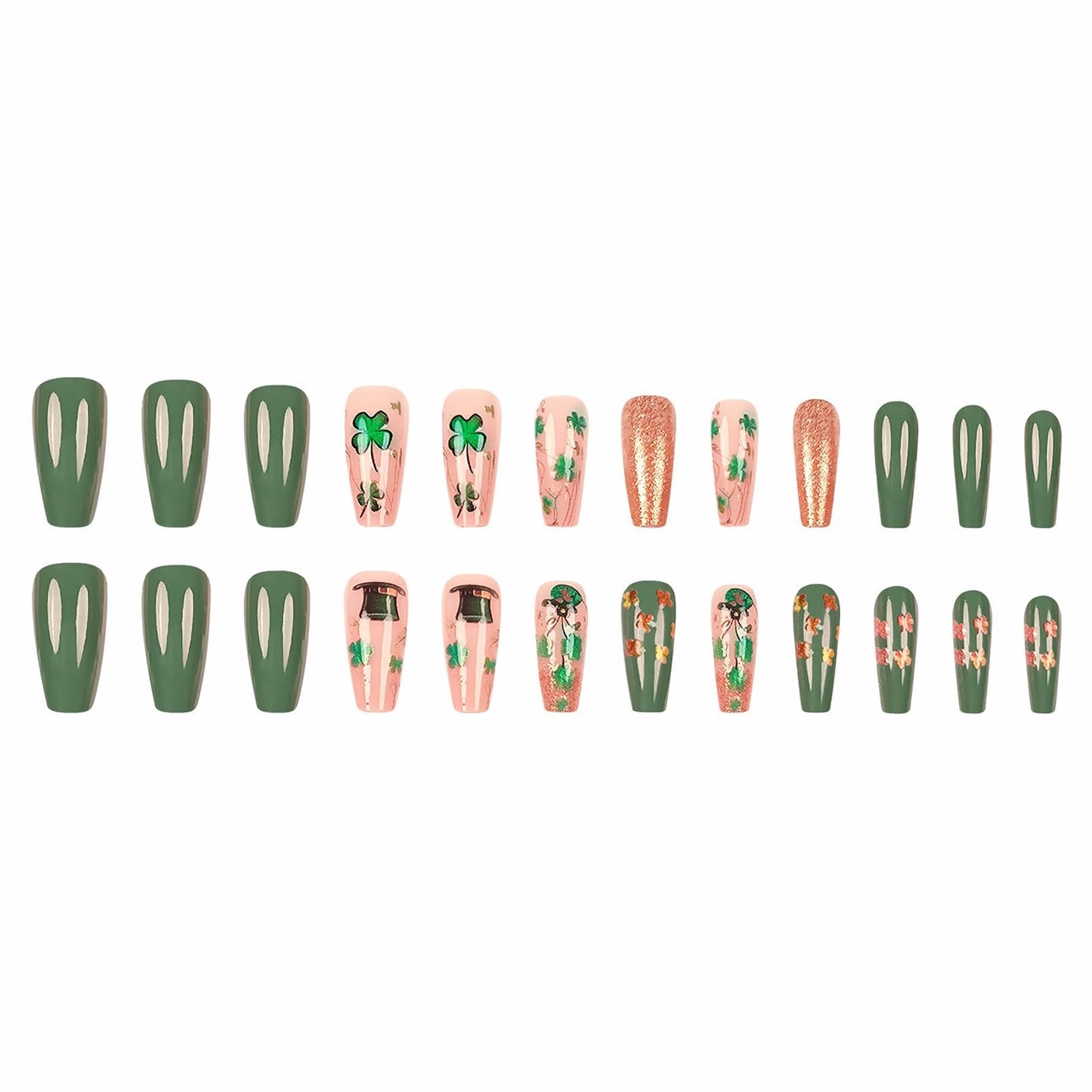 MISUD Press on Nails - Long Coffin Fake Nails with Green Shamrock, Acrylic Bling Gold Glitter Design 24 pcs