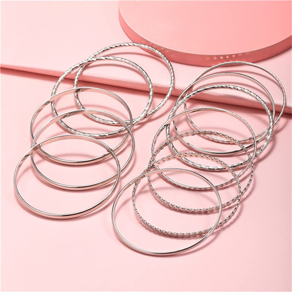 RINTOLER 12Pcs Silver Bangle Bracelets for Women, Vintage Ethnic Bracelets, Bollywood India Bangles, Stacked Bracelets for Women Bohemian Jewelry