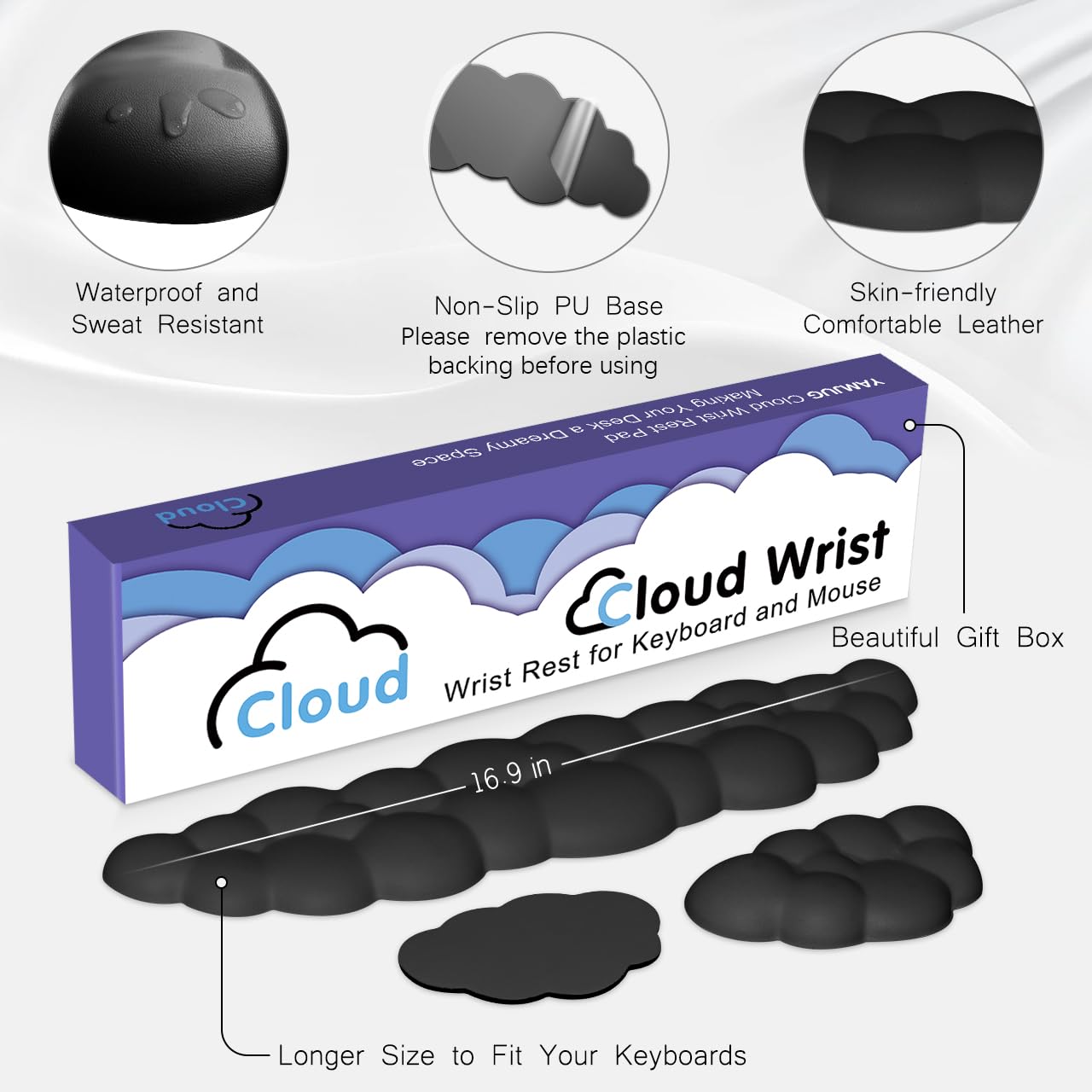 Cloud Wrist Rest Keyboard Palm Rest with Non-Slip Base for Computer Gaming Wrist Rest, YAMJUG Cloud Arm Rest Keyboard Wrist Pad Black