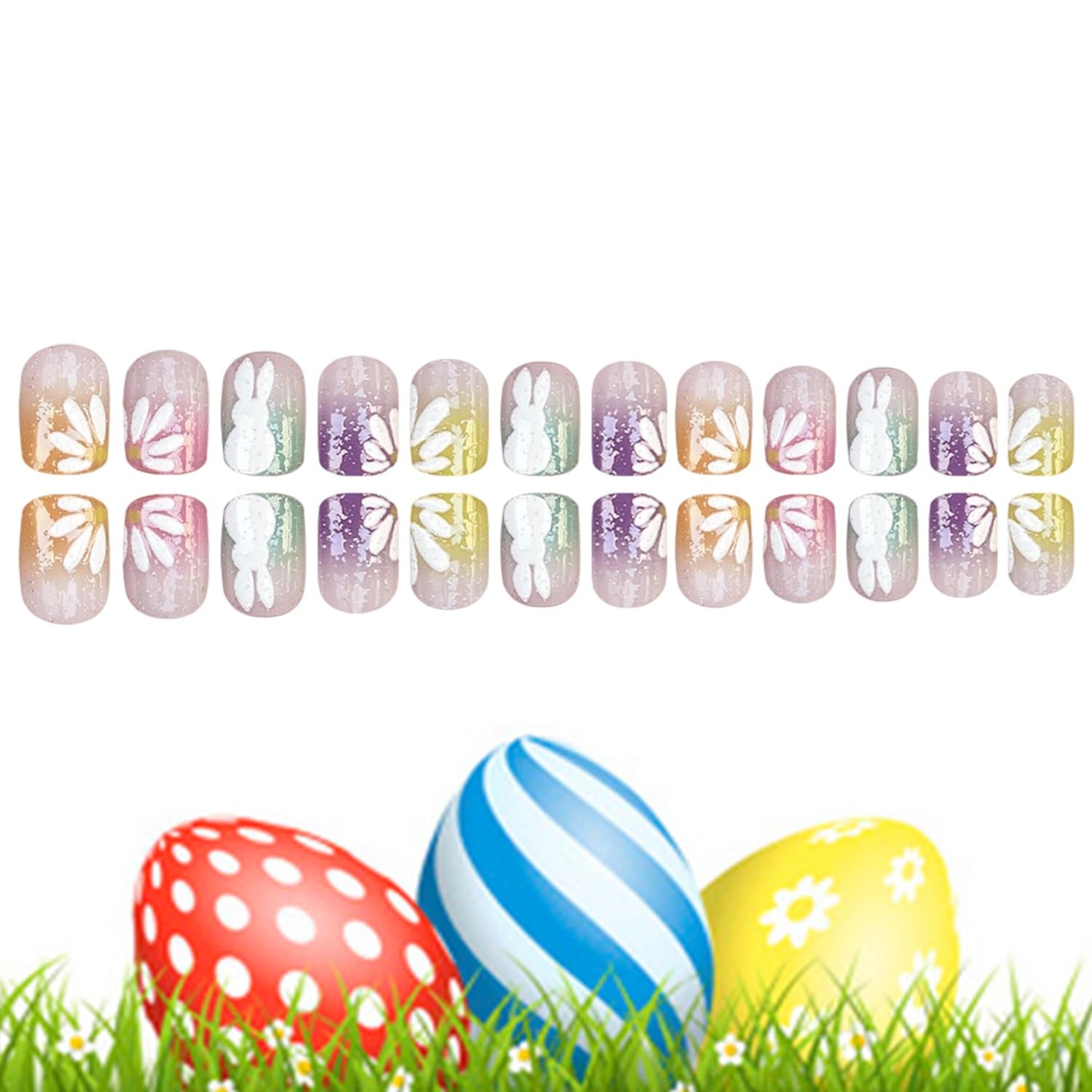 Flowers MultiColor Easter Press on Nails Short Square Artificial Fingernails White Rabbit Floral with Gradient Glitter Spring Full Cover Glossy Press Ons Artificial Acrylic Nails for Women Manicure