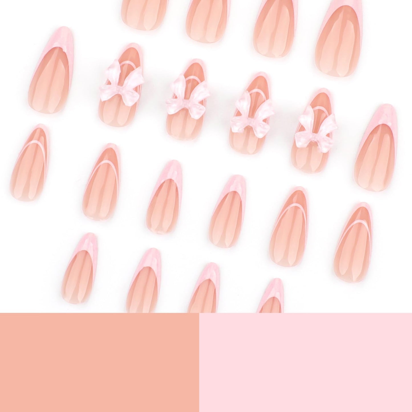 24Pcs Pink Almond Press on Nails Short Medium Fake Nails French Tip False Nails with Bow Design Cute Acrylic Nails Press ons Artificial Nails Glossy Full Cover Glue on Nails Stick on Nails for Women
