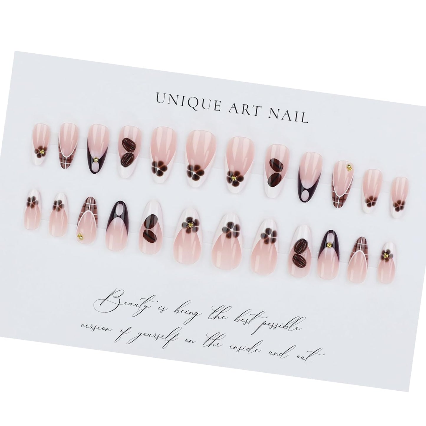 IMSOHOT Fall Press on Nails Almond Medium Fake Nails with 3D Coffee Bean Designs Glossy Brown French Tip False Nails Full Cover Acrylic Nail Kit for Women Manicure