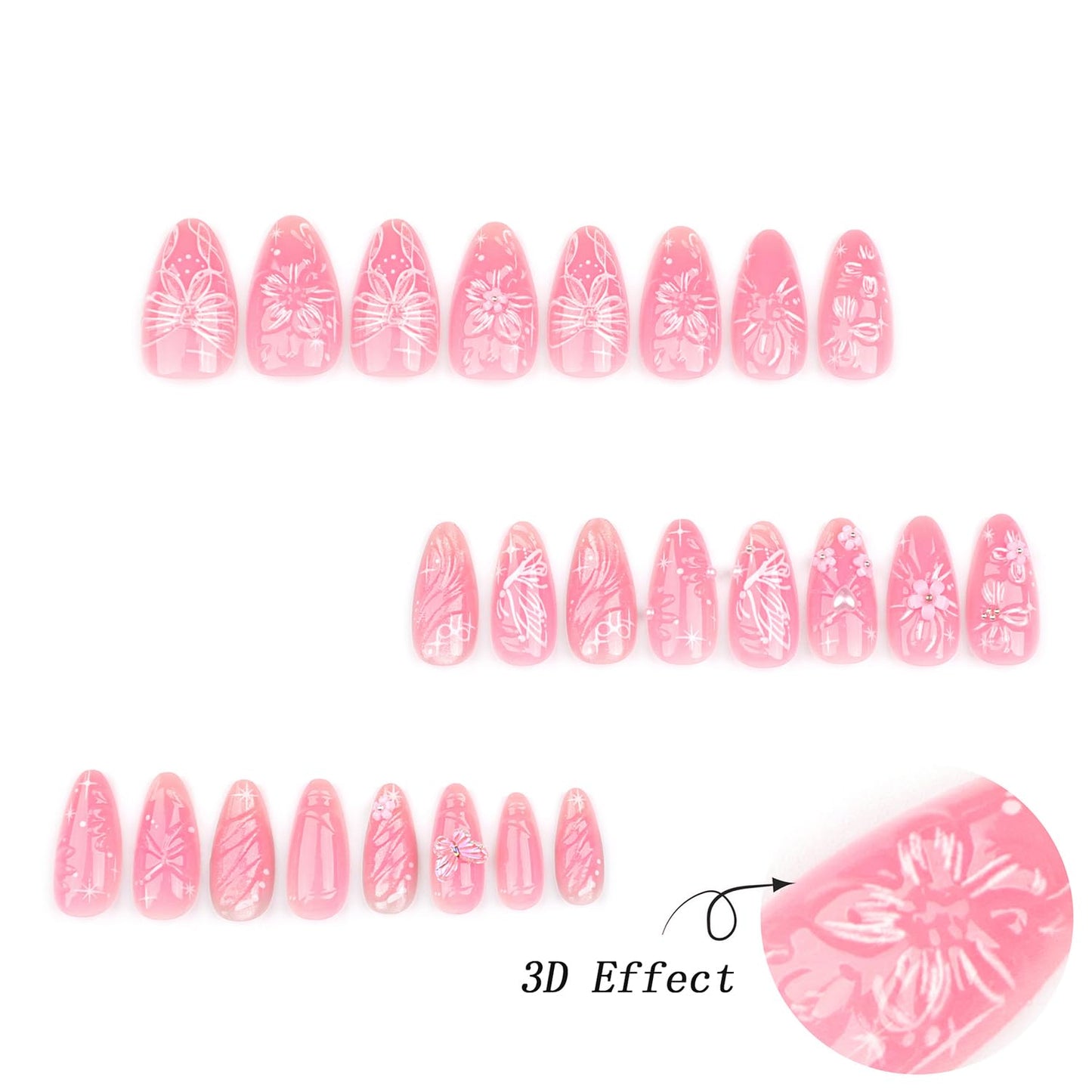 24Pcs Pink Press on Nails Medium Almond Fake Nails with 3D Flower Butterfly Designs Stick on Nails Bow False Nails Spring Summer Floral Acrylic Nails Gold Bead Glue on Nails for Women Nail Supplies