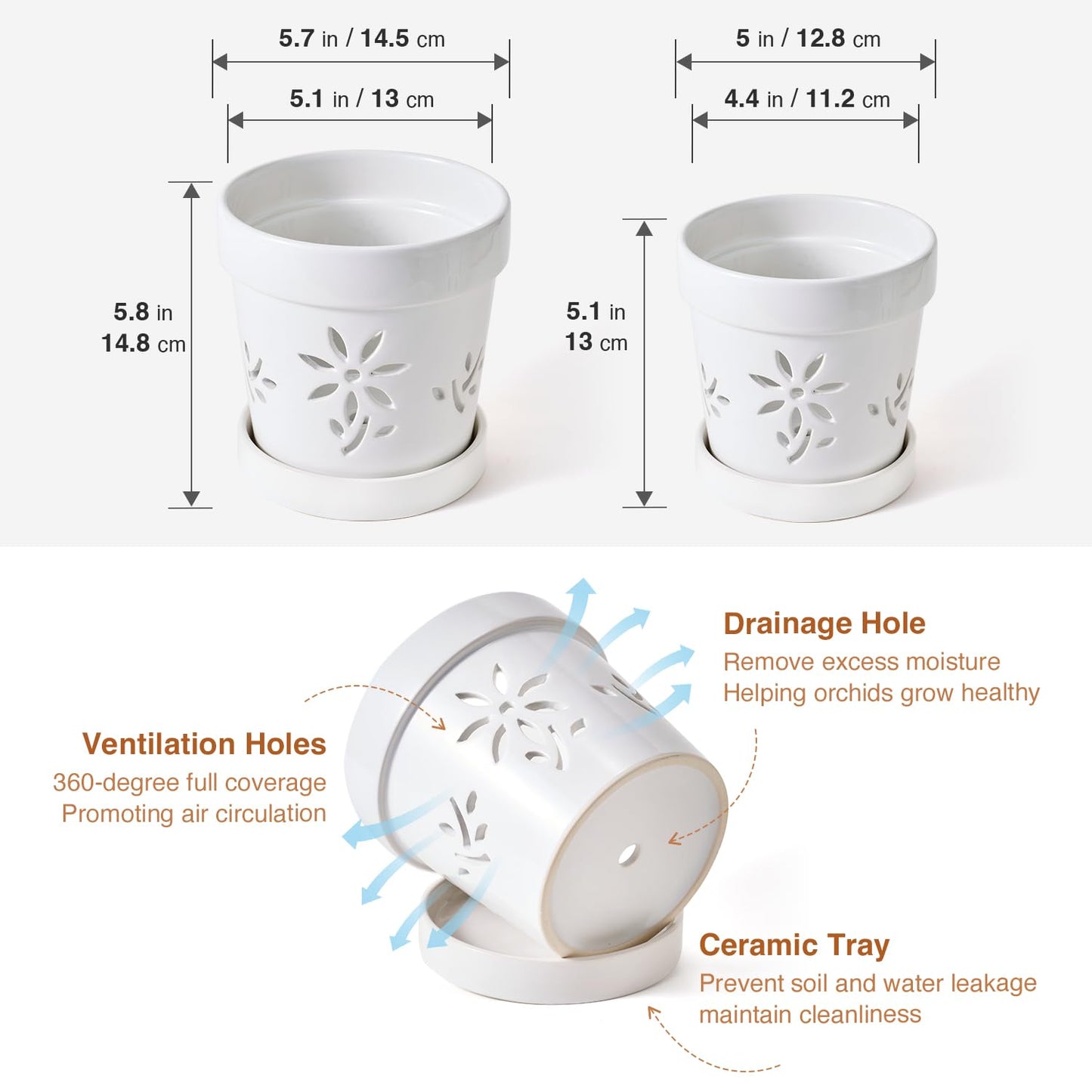 STHIE Small Orchid Pots with Holes 5 Inch & 6 Inch, Ceramic Orchid Pots for Repotting, 2 Pack Breathable Slotted Orchids Planter, White Flower
