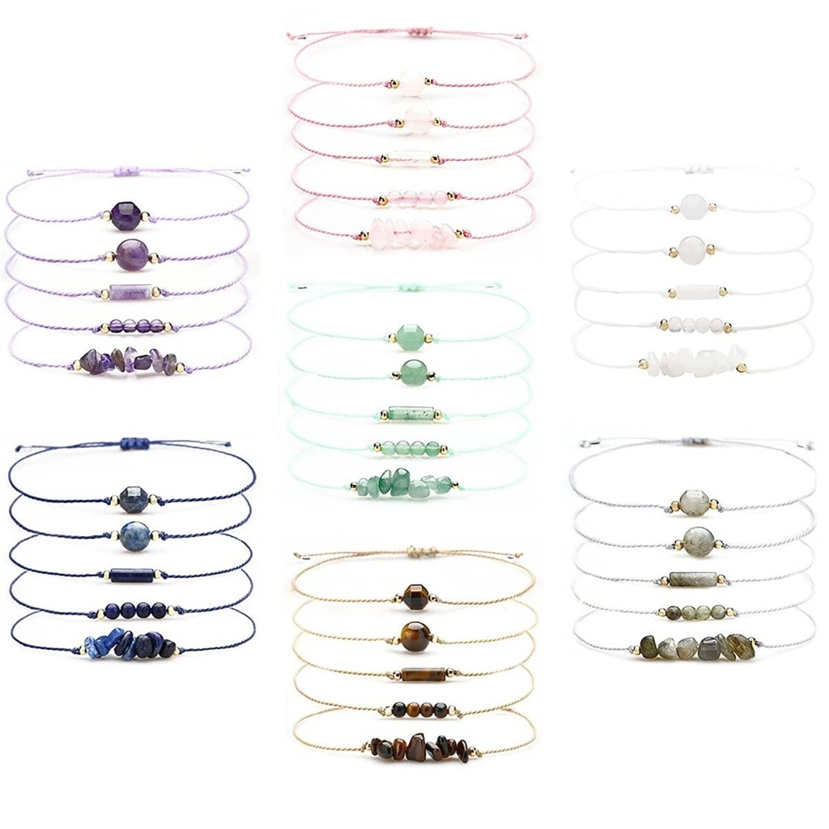 Self-Discovery Mala 5-Piece Natural Gemstone Beaded Bracelet Set for Women - Adjustable Wax Cord Boho Stackables, Healing Crystal Energy (Rose Quartz)