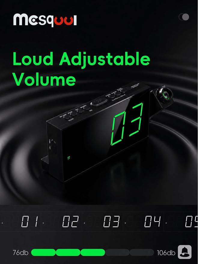 Mesqool Digital Projection Alarm Clock with Dual Alarms, 5 Levels Dimmer