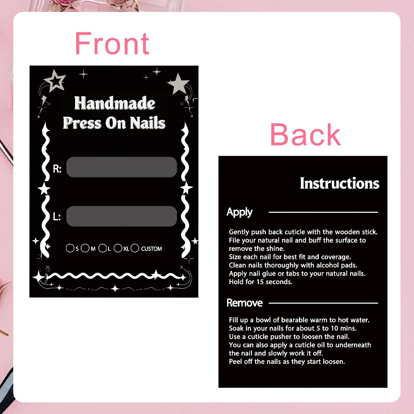 Press On Nail Packaging Kit, 50pcs Nail Instruction Display Cardboard, 50 Packaging Bag, 2pcs Display Stand, Adhesive Putty, Transparent Tape for Handmade Nails Business (50pcs black+ nail stand)