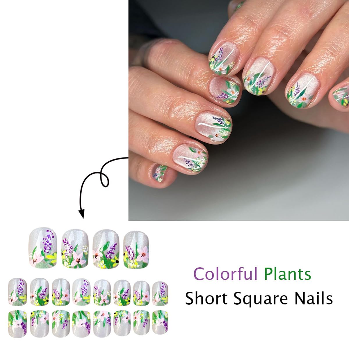 Spring Press on Nails Short Square Fake Nails White Glass Nails Press ons with Wildflower, Lavender Design,Reusable Artificial Nail Full Cover Stick on Nails for Women Manicure 24 Pcs