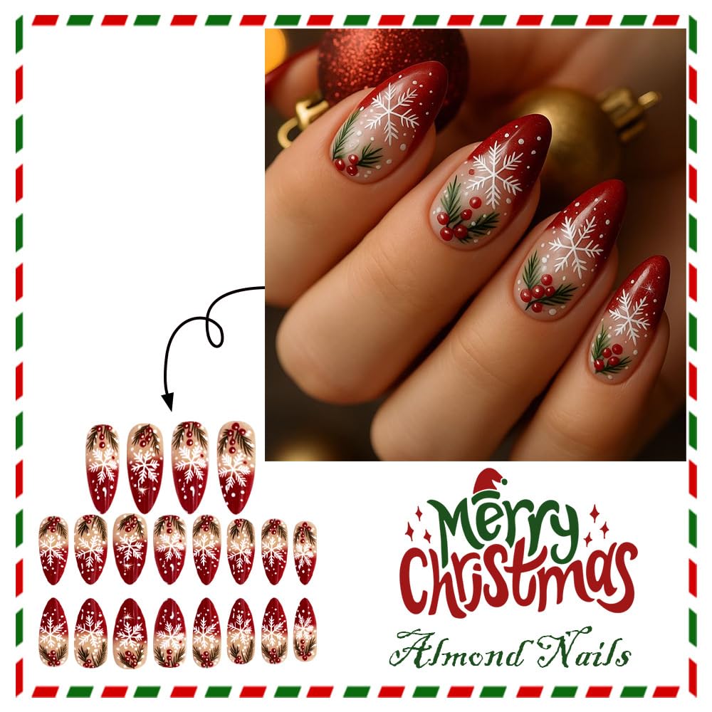 Red French Tip Snowflake Press on Nails Christmas Glossy Almond Fake Nails with Cherry Designs Full Cover Reusable Acrylic Nails Christmas Medium Cute Glue on Nails for Women 24Pcs