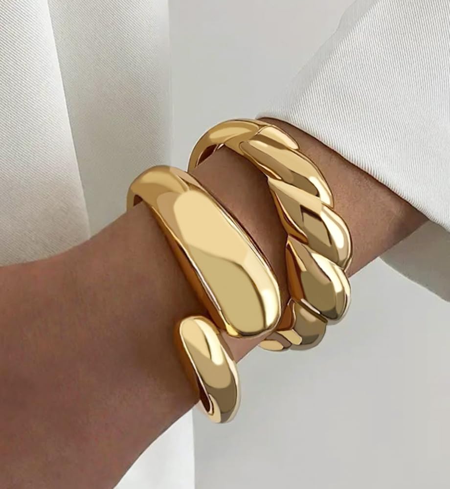 Chunky Gold Bangle Bracelets for Women, Dainty 14k Gold Plated Big Stackable Bangles Set, Trendy Cuff Bracelet Stack Fashion Jewelry Gifts (A4-gold)