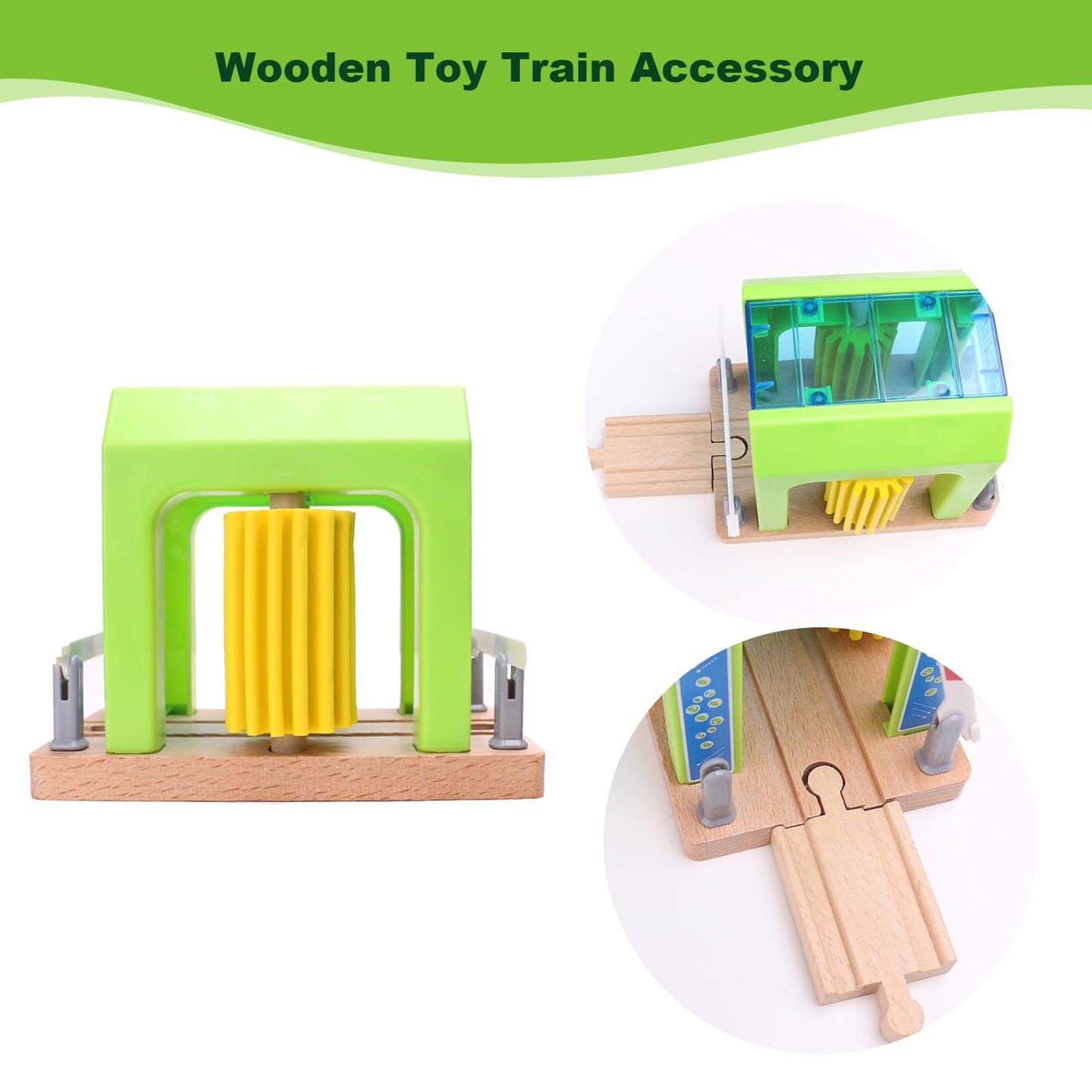 Wooden Car Wash Station with Train Truck,Expansion Pack Compatible with Railway Train Set,Wooden Toy Train Accessory for Kids Age 3 and Up