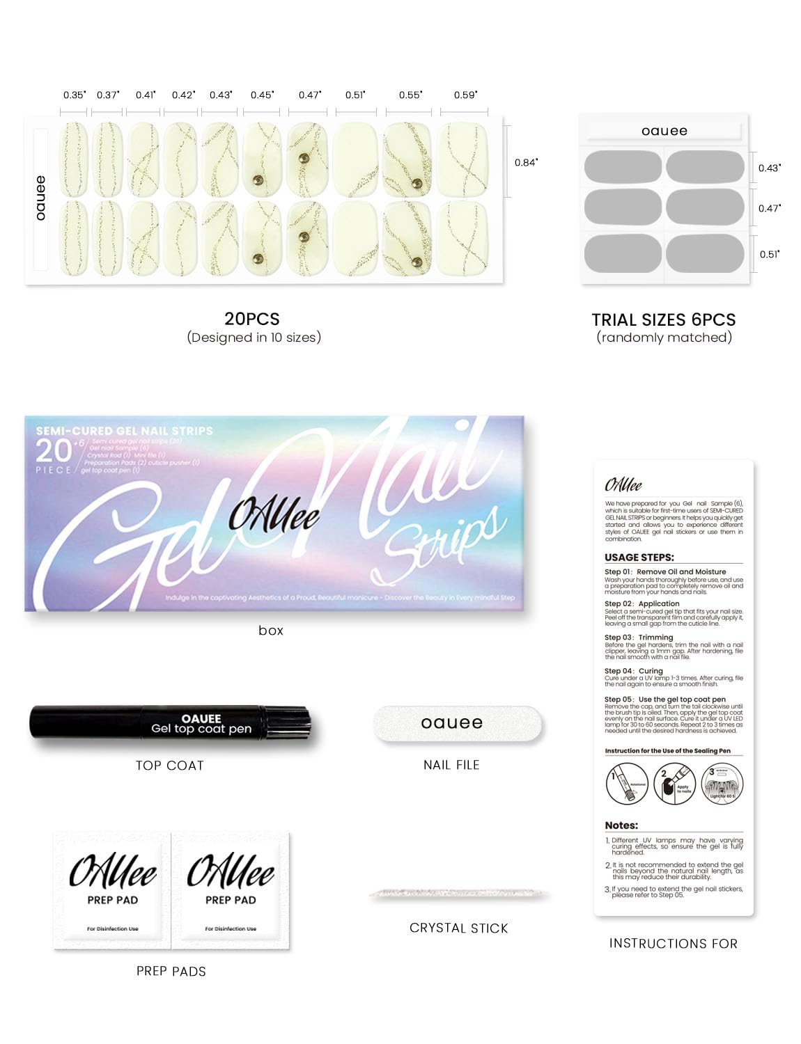 Oauee Semi Cured Gel Nail Strips | Built-In Gel Top Coat | UV Light Required | Salon Quality, Easy Application And Removal (Golden Whisper)