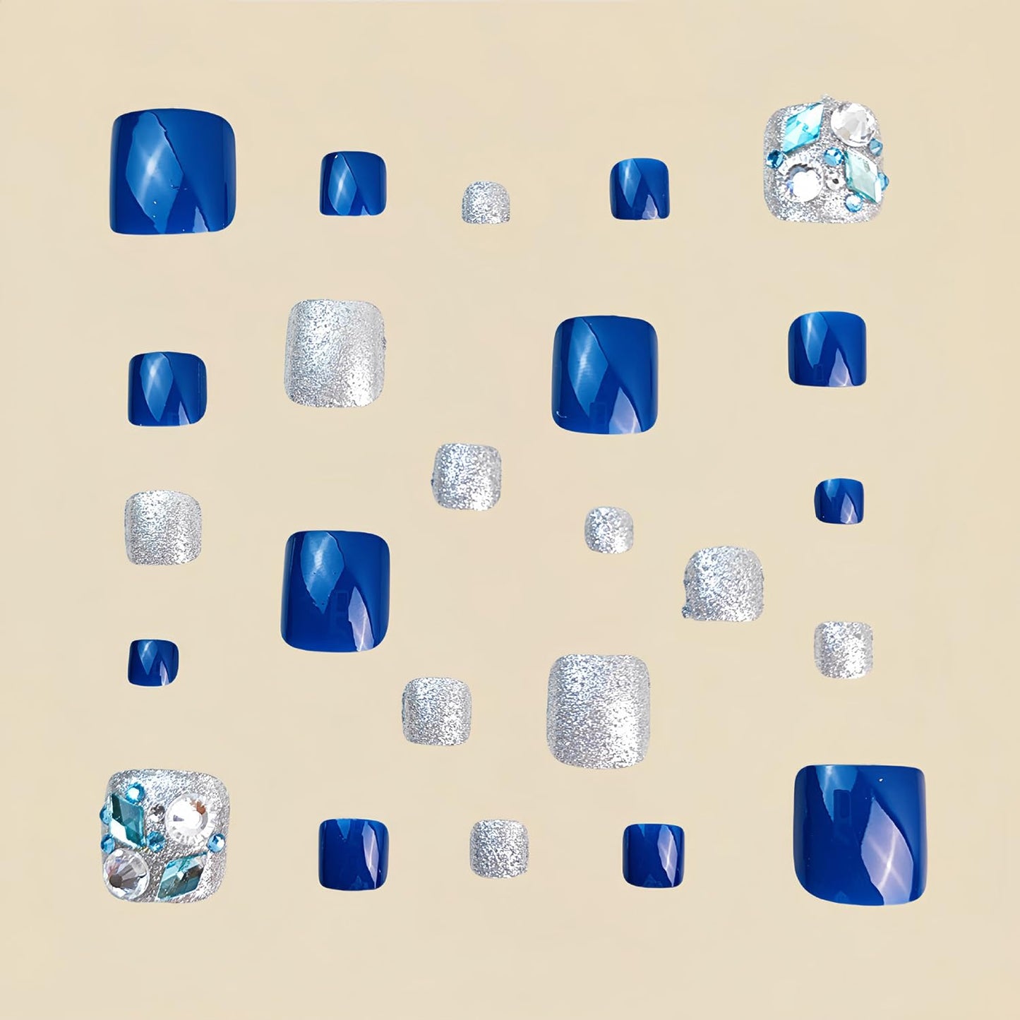 FIEONCIY 24pcs Press-on Square Acrylic False Nails Set with Glue, Blue Rhinestone Pattern, Full Cover, French Style, Spring & Summer, Multicolor, Women's Nails