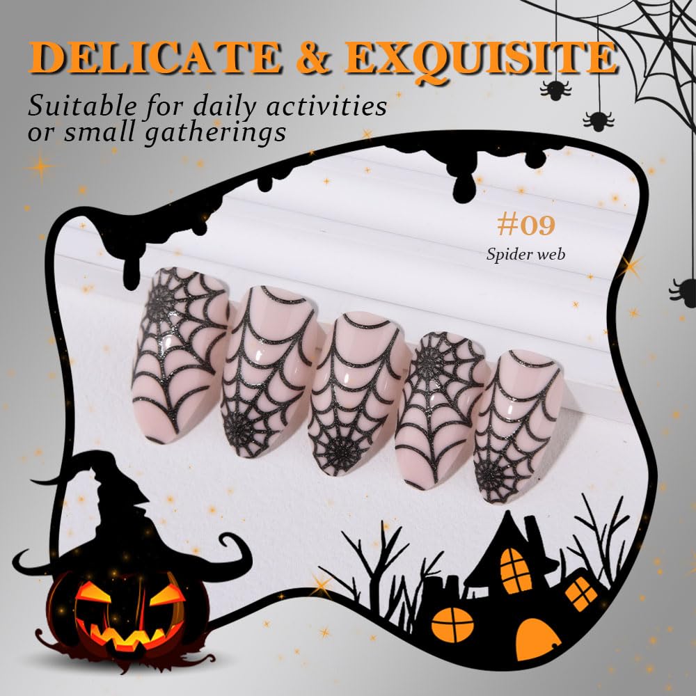 Nude Pink Halloween Press on Nails Short Almond with Cobweb Designs, Short Almond Artificial Fake Nails with Spider Web Design, Perfectly Fit Full Cover Glossy Stick on Ghost Nail for Women Girls