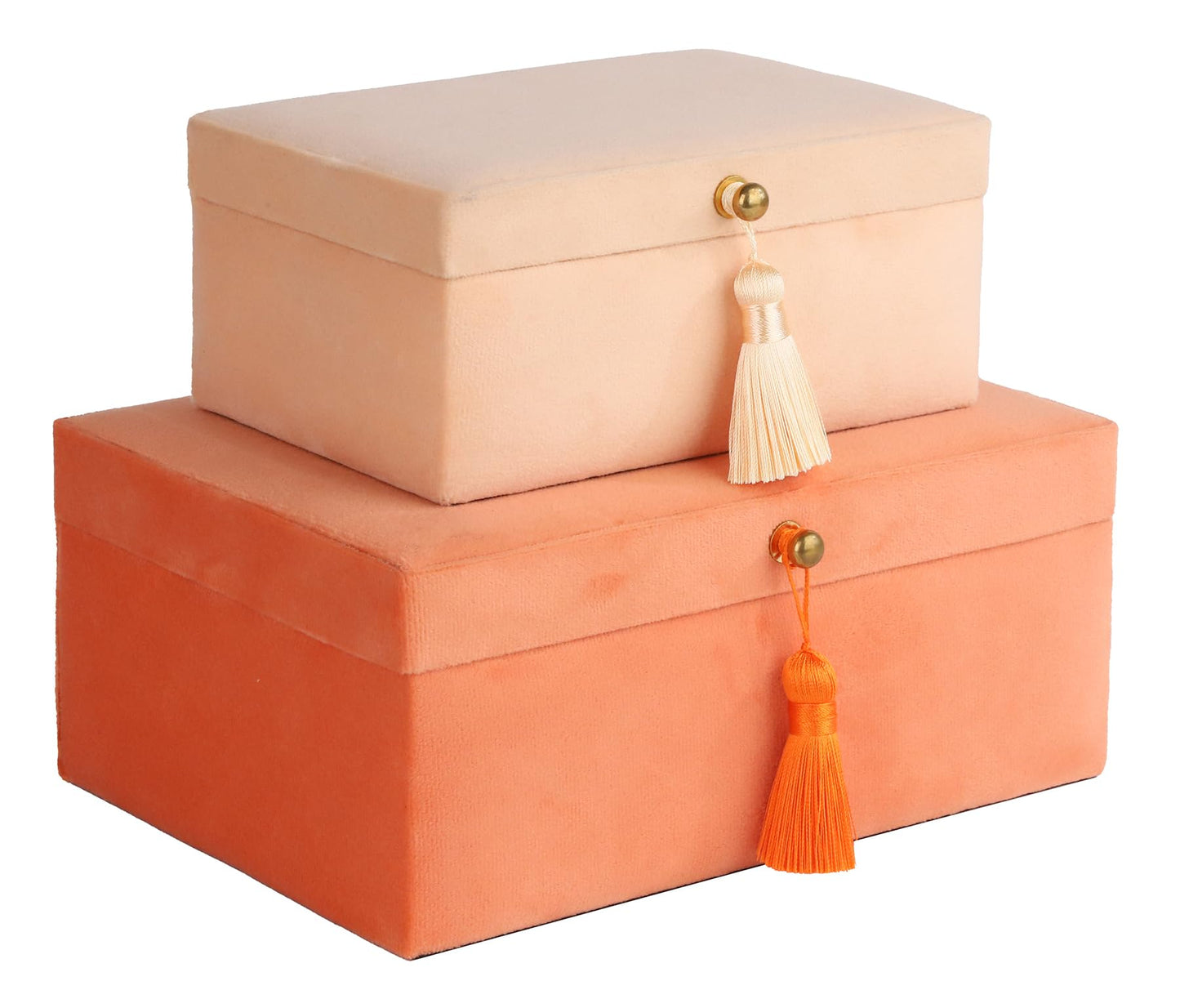 HofferRuffer Velvet Jewelry Boxes Decorative Boxes, Storage Accessory Organizer Boxes with Elegant Handle Decor, Classic Velvet Set of 2 Pieces (Orange)