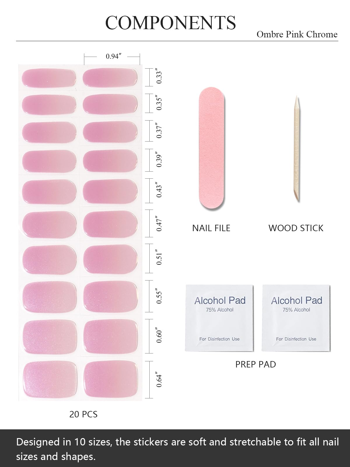 AutyaMee Semi Cured Gel Nail Strips (Glazed Ombre Pink),Chrome, Pearl, 20 Pcs Gel Nail Wraps, Stickers, UV Light Required