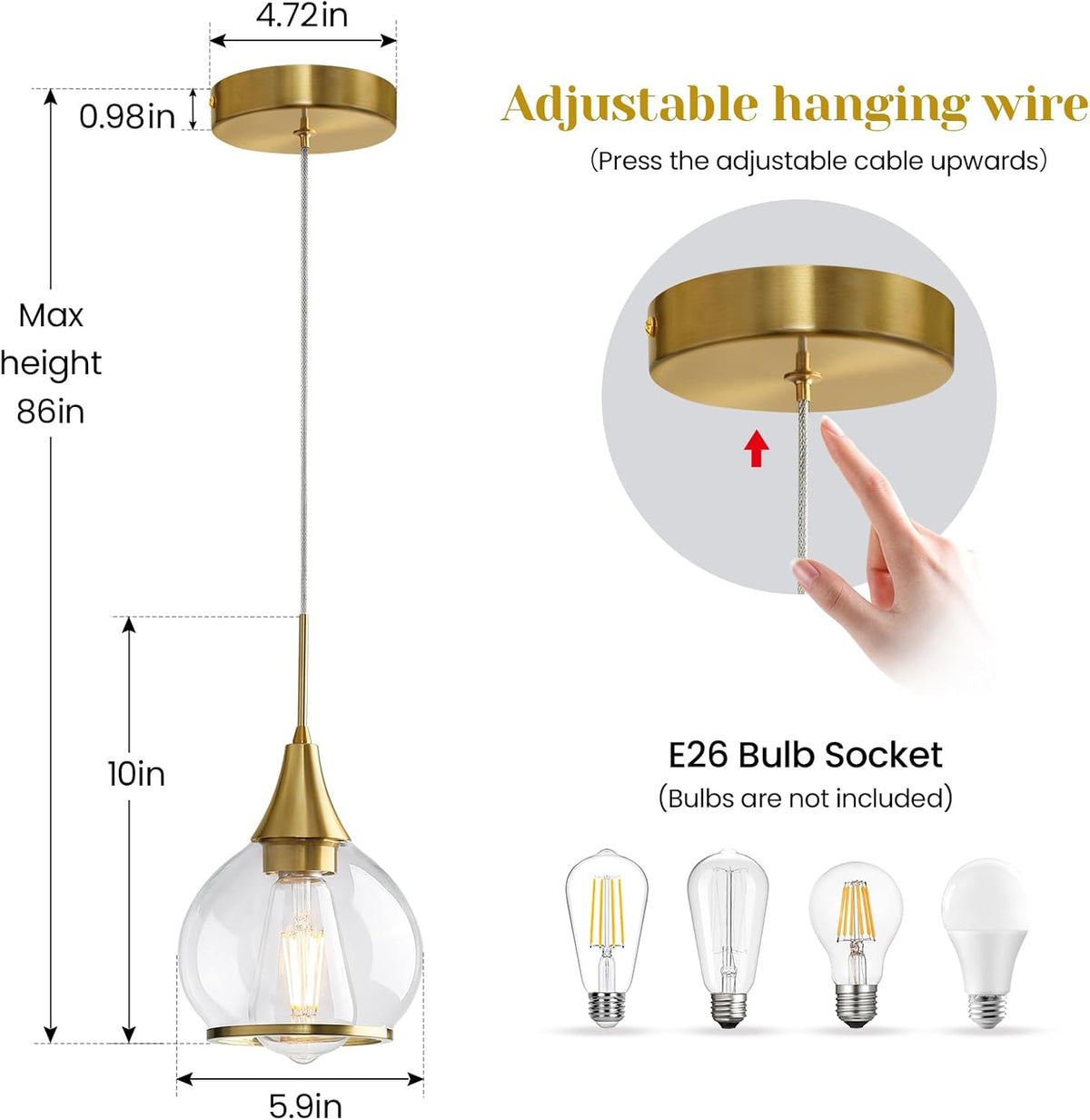 Pendant Light Fixtures Kitchen: Brushed Gold Farmhouse Island Light with Clear Glass - 6 Inch Mid Century Globe Kitchen Lighting Chandeliers Ceiling for Dining Room