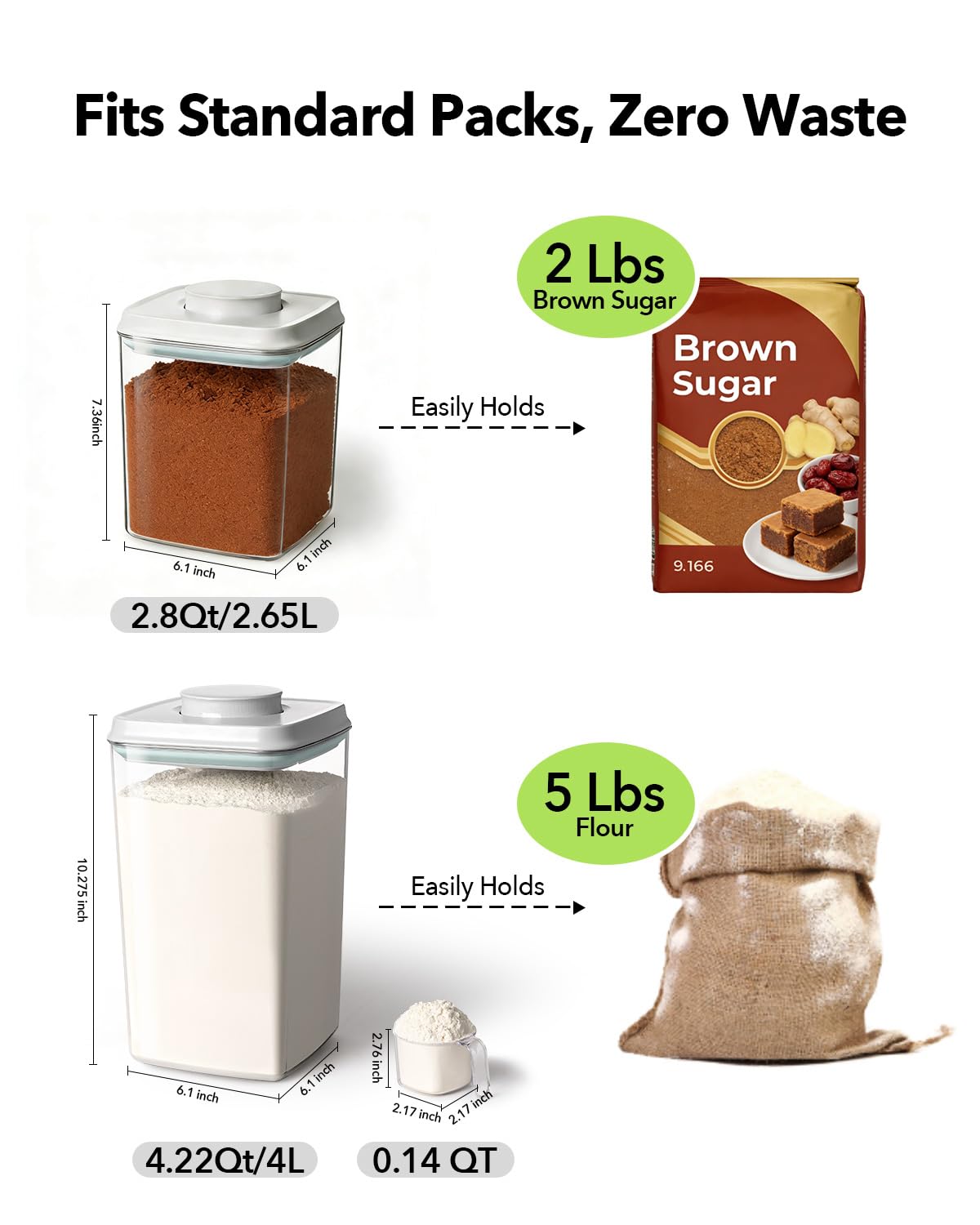 EQI Airtight Food Storage Containers Set with One-Touch Lid, 2-Pack (4.22 QT / 4.0 L) Tall Stackable Durable PET for Bulk Rice, Flour & Baking Essentials Organizer.